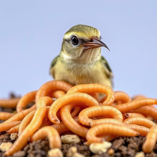 Mealworms served in low bird feeder