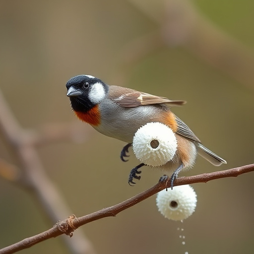Mesh fat ball feeder with blue tits
