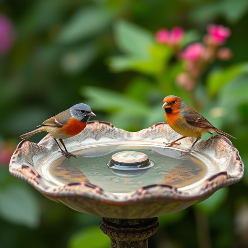 Metal bird bath under leafy tree canopy