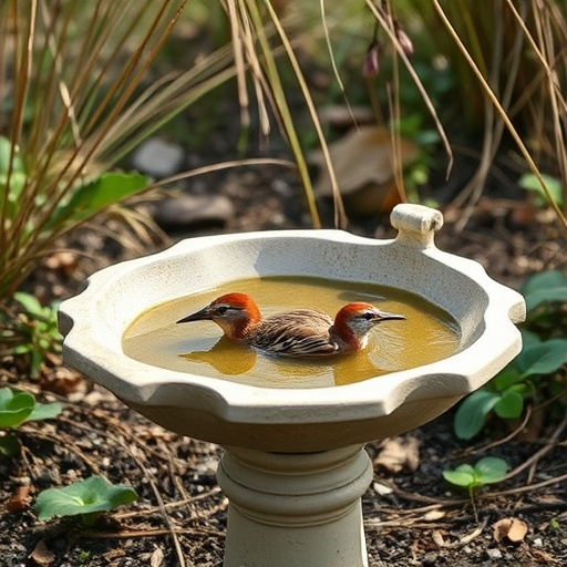 Metal bird bath under leafy tree canopy
