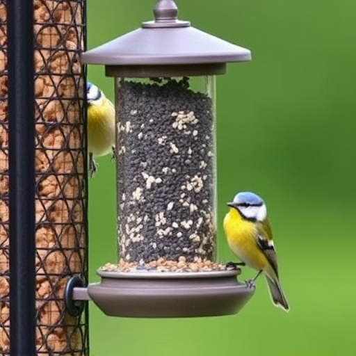 Metal squirrel-proof bird feeder hanging outdoors