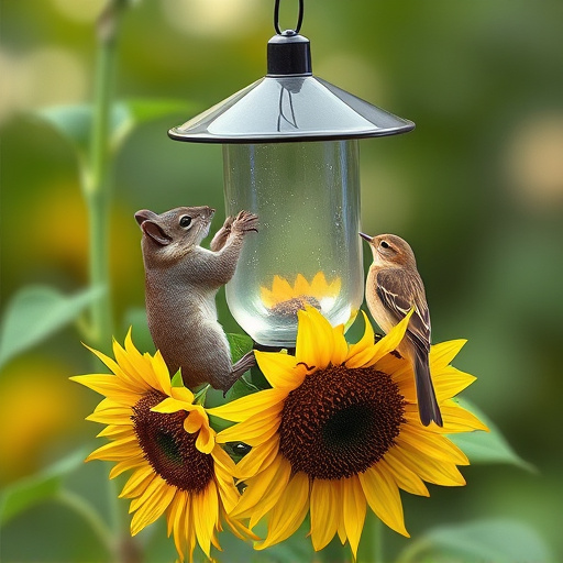 Metal squirrel-proof bird feeder in garden