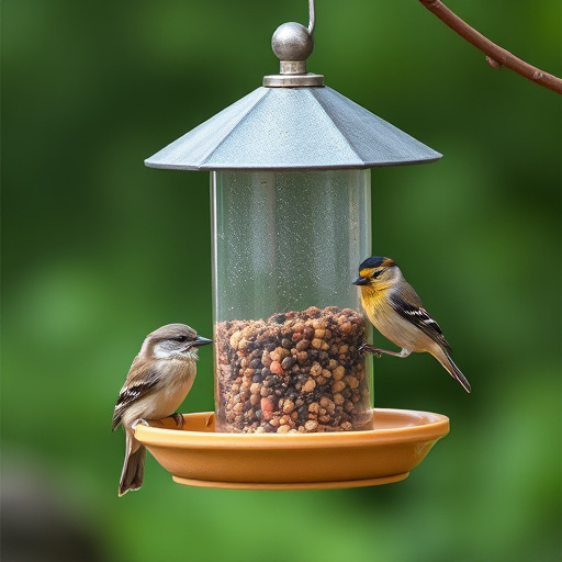 Metal squirrel-proof bird feeder in garden