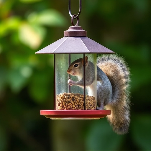 Metal squirrel-proof bird feeder in garden