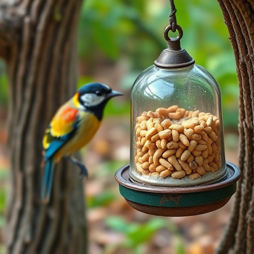 Mixed garden birds eating from peanut feeder