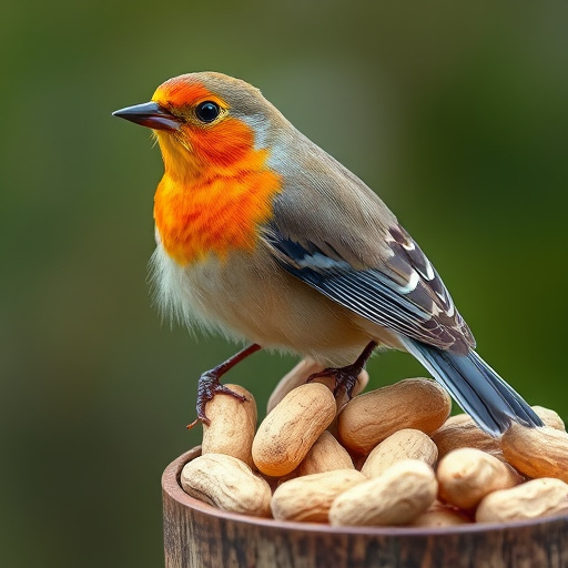 Mixed garden birds eating from peanut feeder