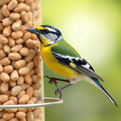 Mixed garden birds eating from peanut feeder