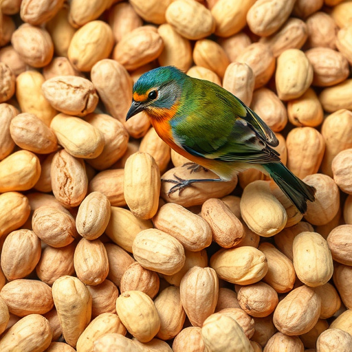 Mixed garden birds eating from peanut feeder