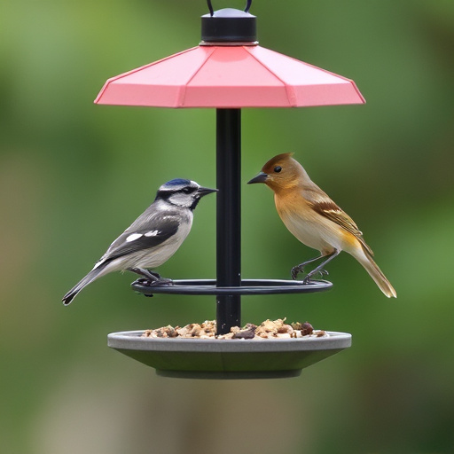 Multi-level bird feeding station in garden