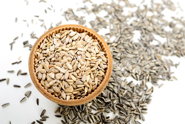 Open metal tray with sunflower seeds