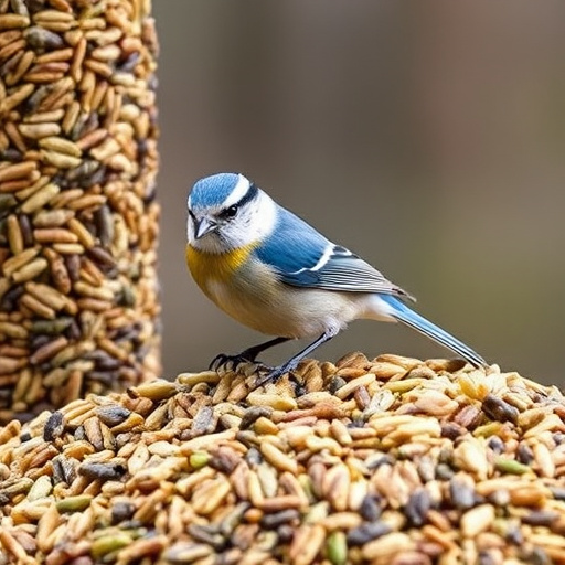 Outdoor scene with feeders and seed bags