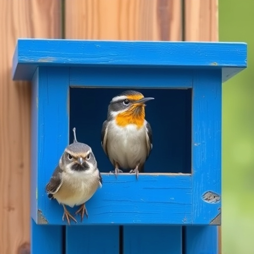 Painted birdhouse hanging in garden
