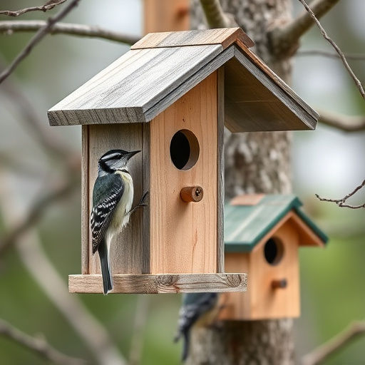 Painted birdhouse hanging in garden