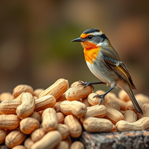 Peanut feeder surrounded by winter garden scenery