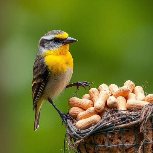 Peanut feeder surrounded by winter garden scenery