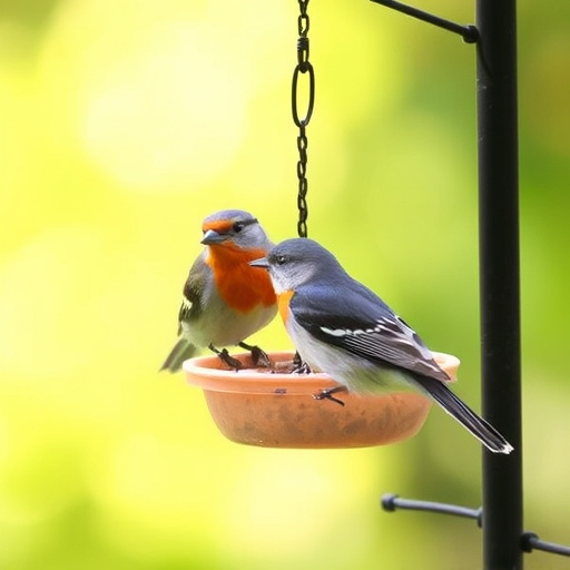 Peanut feeder surrounded by winter garden scenery