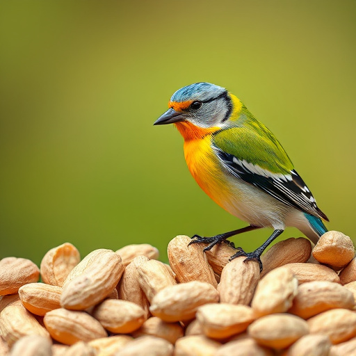 Peanut feeder surrounded by winter garden scenery