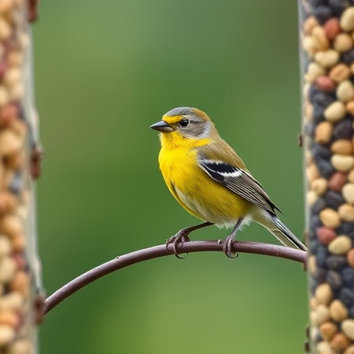 Peanut feeder surrounded by winter garden scenery