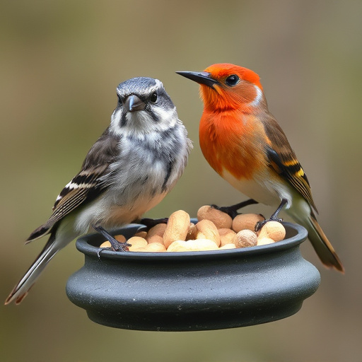 Peanut feeder surrounded by winter garden scenery