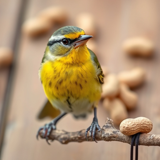 Peanut feeder surrounded by winter garden scenery