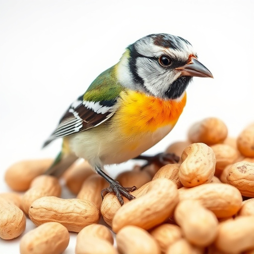 Peanut feeder surrounded by winter garden scenery