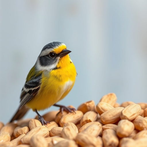 Peanut feeder surrounded by winter garden scenery