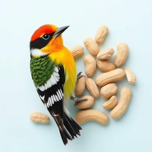 Peanut feeder surrounded by winter garden scenery