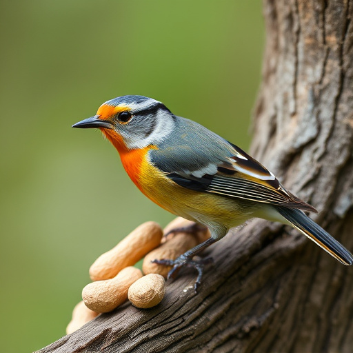 Peanut feeder surrounded by winter garden scenery