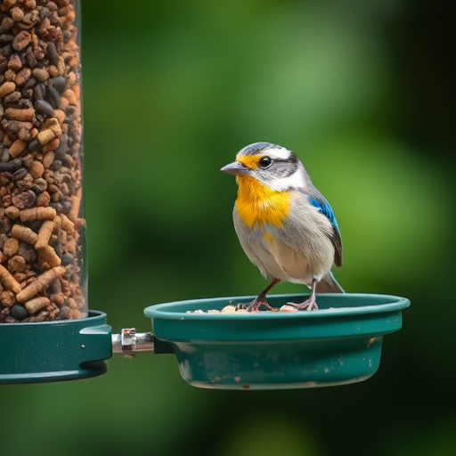 Robin eating from suet pellet feeder