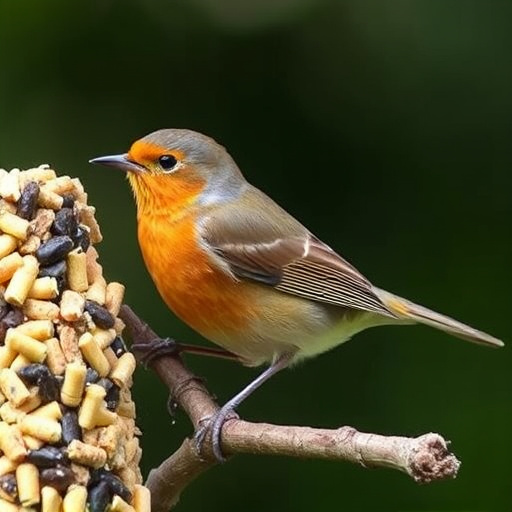 Robin eating from suet pellet feeder