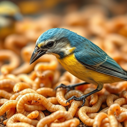 Robin eating mealworms from bird table