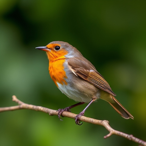 Robin flying across frosty winter hedge