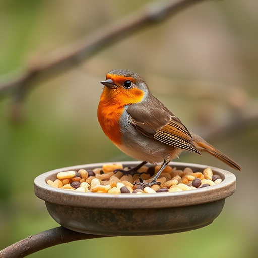 Robin-friendly bird food mix spilling bowl