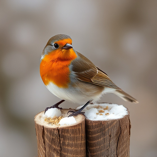 Robin near tray of suet pellets