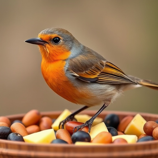 Robin nibbling on chopped fruit pieces