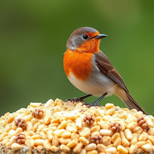 Robin on bird table with suet pellets