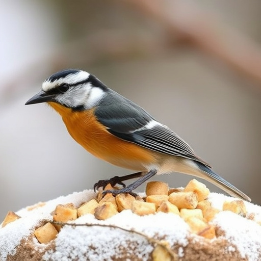 Robin on bird table with suet pellets