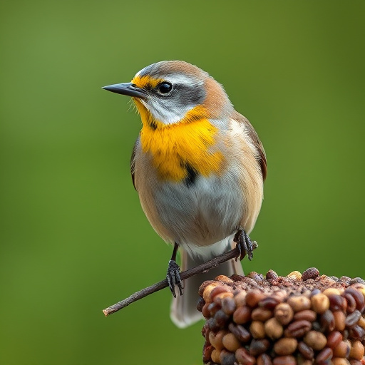 Robin pecking at suet pellets on ground