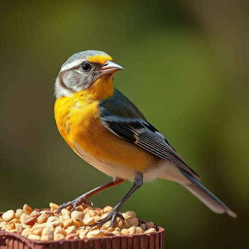 Robin pecking at suet pellets on ground