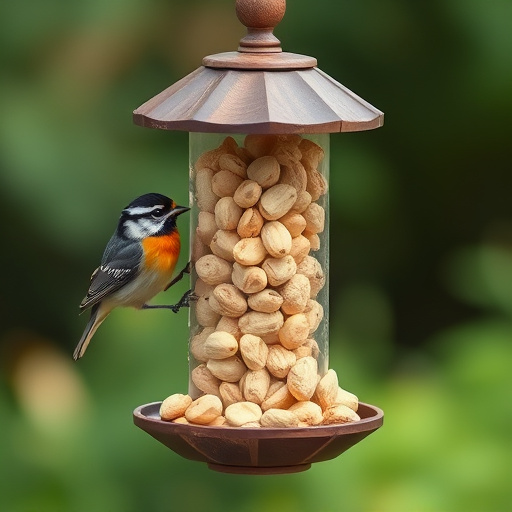 Robin perched near peanut-filled feeder