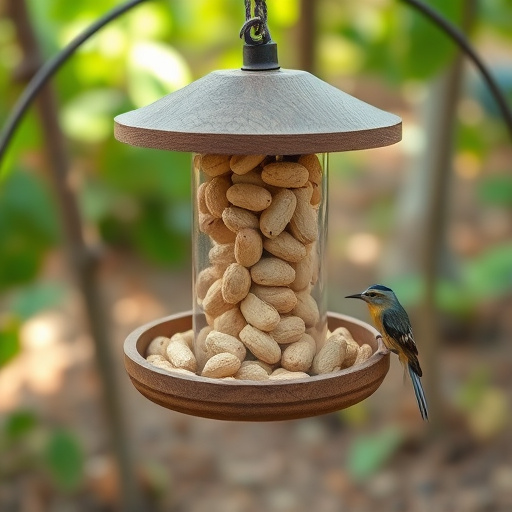 Robin perched near peanut-filled feeder
