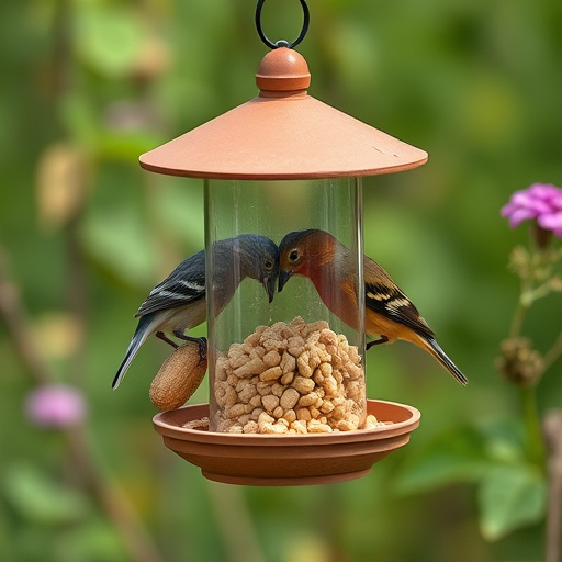 Robin perched near peanut-filled feeder