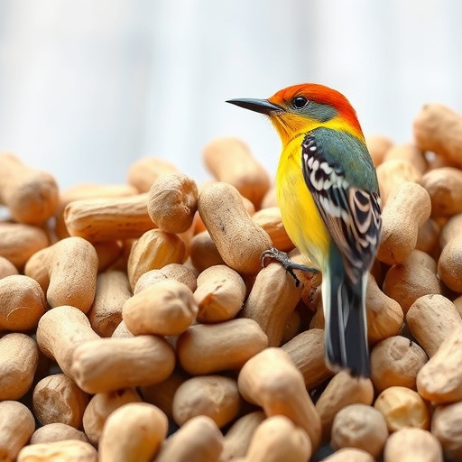 Robin perched near peanut-filled feeder