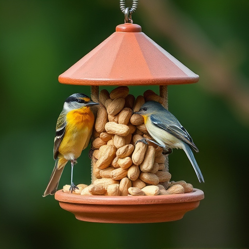 Robin perched near peanut-filled feeder