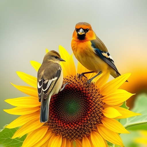 Robin perched near sunflower hearts on table