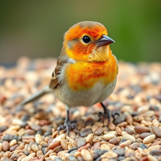 Robin perched near sunflower hearts on table