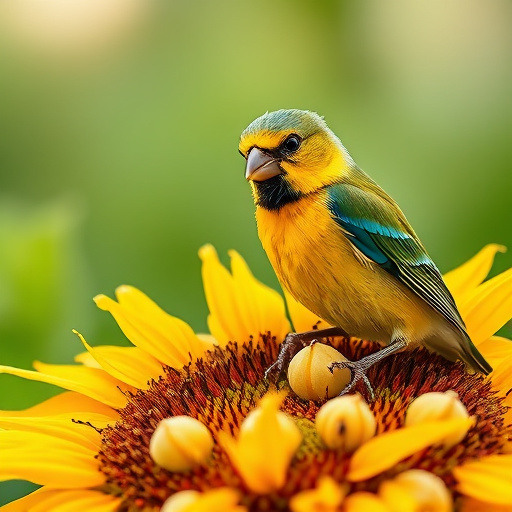 Robin perched near sunflower hearts on table