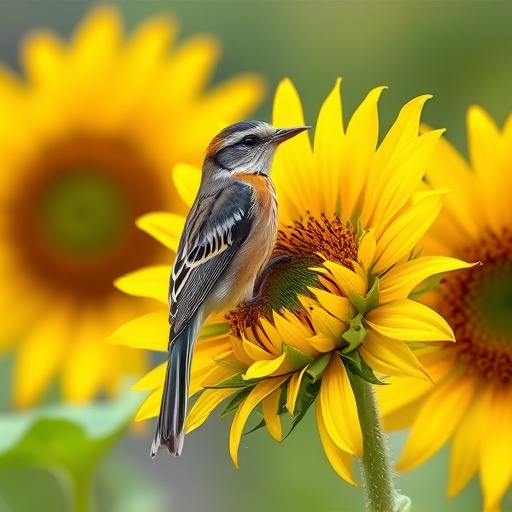 Robin perched near sunflower hearts on table