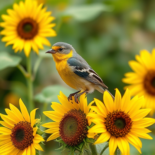 Robin perched near sunflower hearts on table