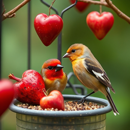 Robin perched near sunflower hearts on table